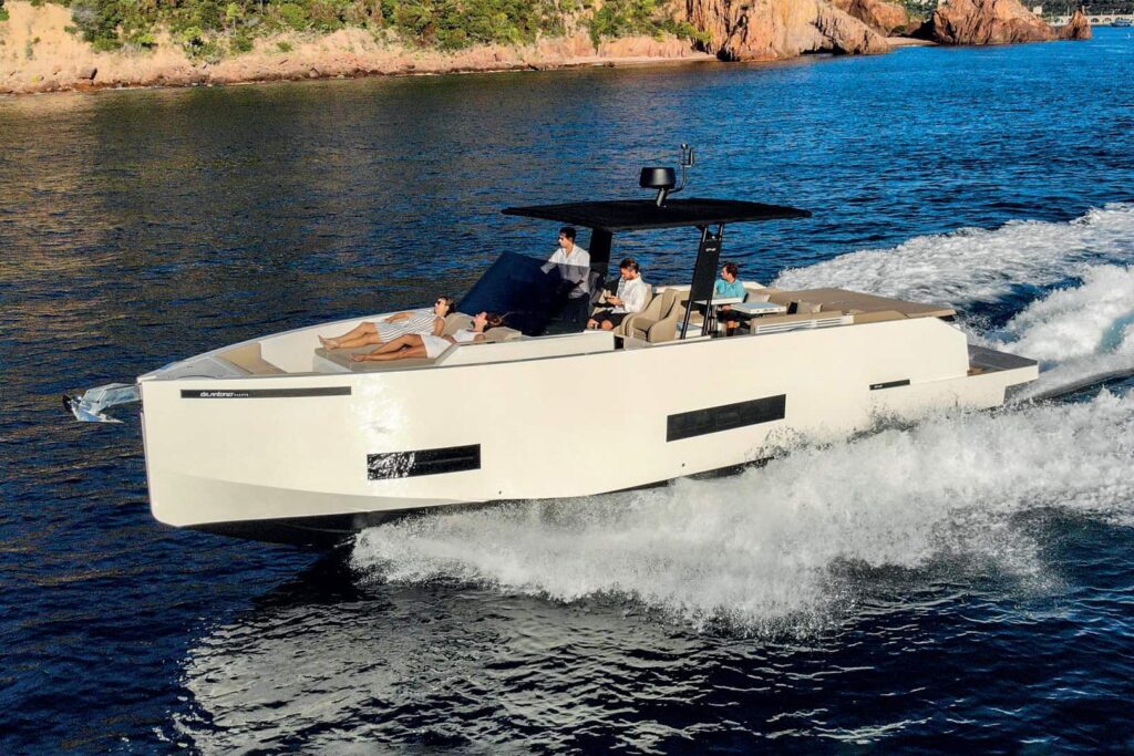 De Antonio 45 day boat running along the Cannes coastline